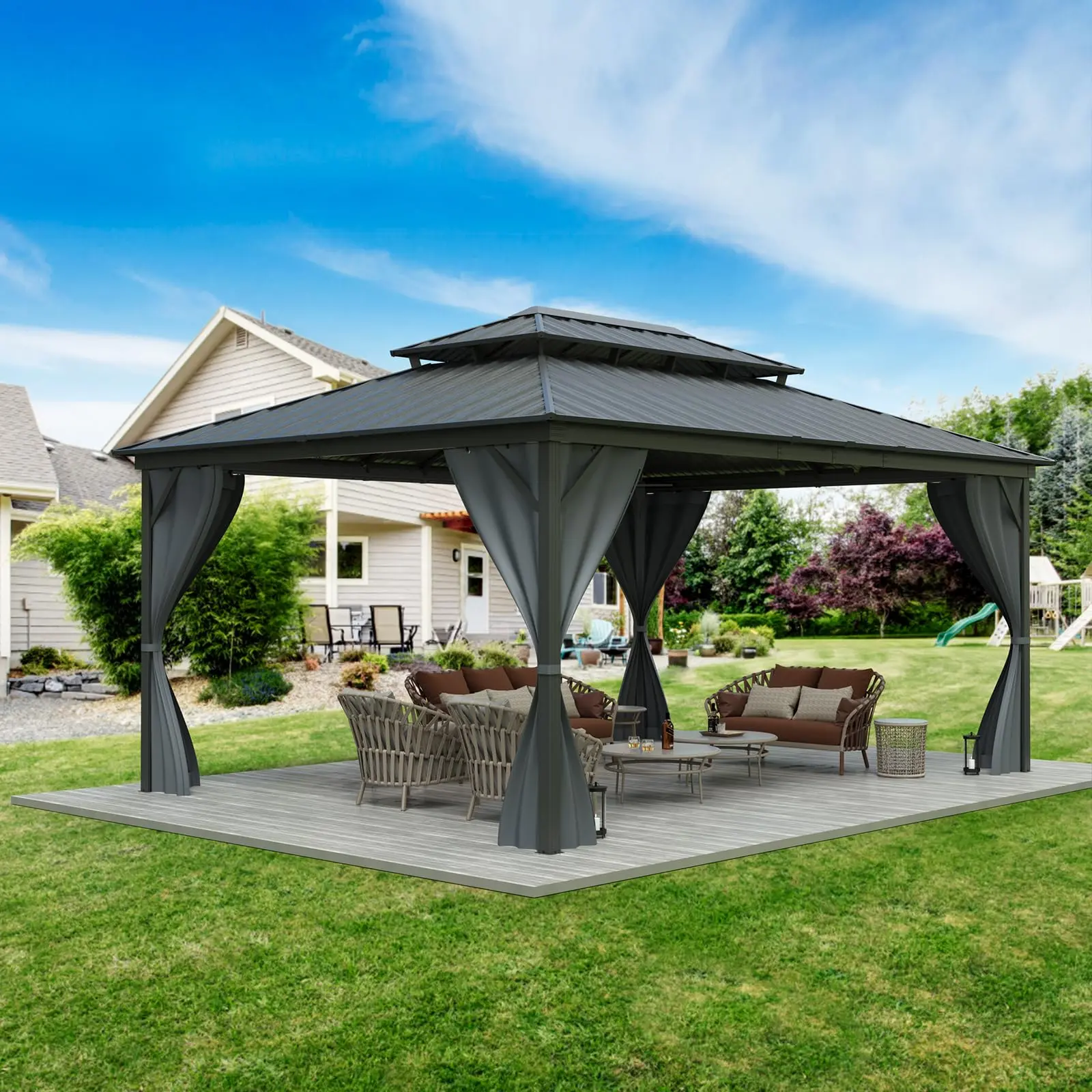 【GARVEE】12'x16' All-Weather Hardtop Gazebo - Double Metal Roof & Aluminum Frame with Net & Curtain for Patio, Deck & Backyard (Grey)