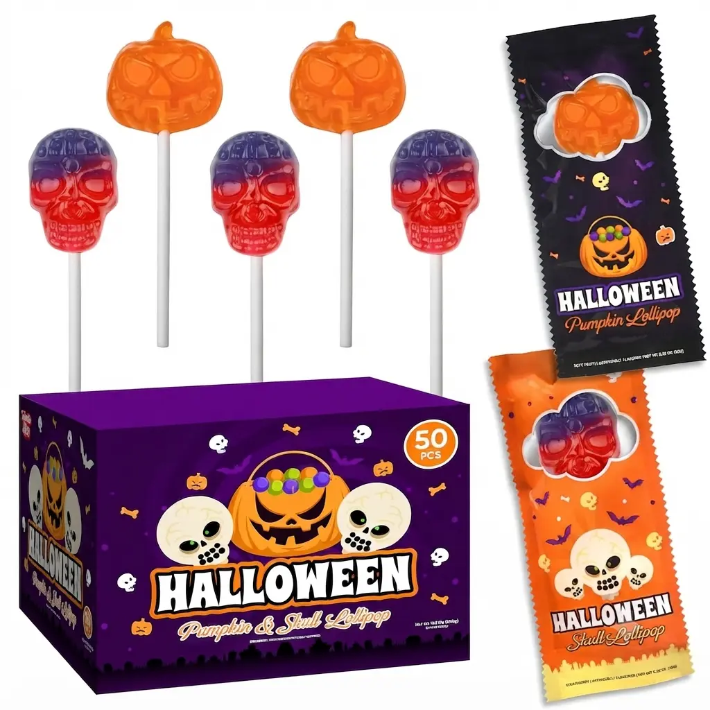 50 Pack Halloween Lollipops - Individually Wrapped Holiday Themed Pumpkin And Skull Lollipops – Trick Or Treat Strawberry And Tutti Frutti Delicious Candys - Bulk Halloween Suckers Great Use, For Kids, Party Favor, Classrooms, Goodie Bags