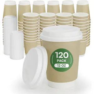 Disposable Coffee Cups with  12 oz To Go Hot Cups,120 Pack Compostable Paper Cups with , BPI Certified PLA Coated   Insulated Disposable Cups for Togo Office Coffee Bar Travel