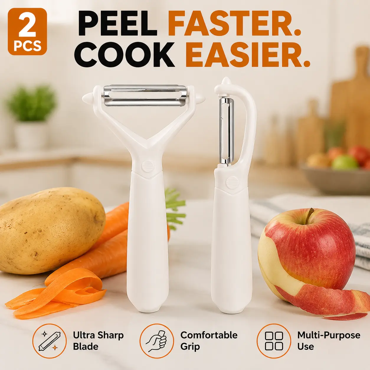 2-in-1 Vegetable Peeler Set, Stainless Steel Dual Blade Fruit & Veggie Peeler with Ergonomic Handle, Kitchen Tool for Potato Carrot Apple