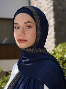 1pc Striped Rhinestone Headscarf, Fashion Hijabs with Sparkly Patches, Modal Breathable Fabric, Comfortable for Ramadan