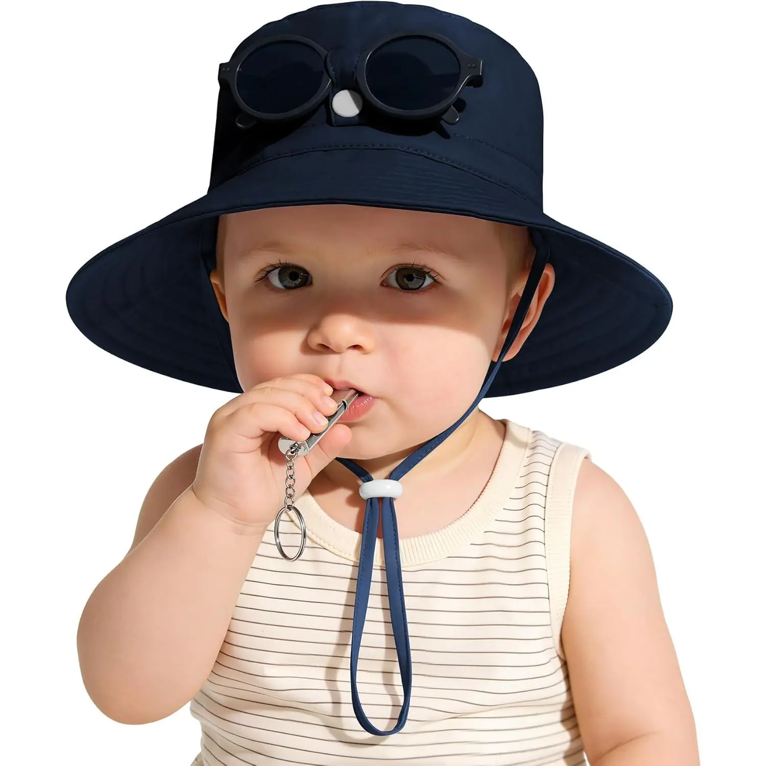 Baby & Toddler Polyester Sun Protection Bucket Hat - Newborn Hats with Adjustable Strap, Portable Sunglasses, Whistle for Boys & Girls (50+ Styles, Picnic Use), Park