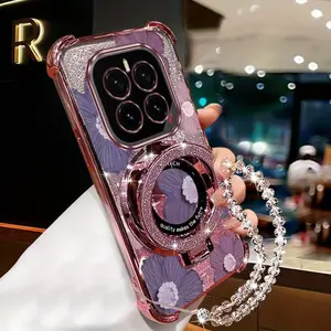 Honor GT Pro Popular Series Pearl Strap Lanyard Phone Holder Case For Compatible With Huawei Honor Gt Pro Transparent Magnetic Glitter Cover and Elegant Elegant Purple Flowers Protector Cases