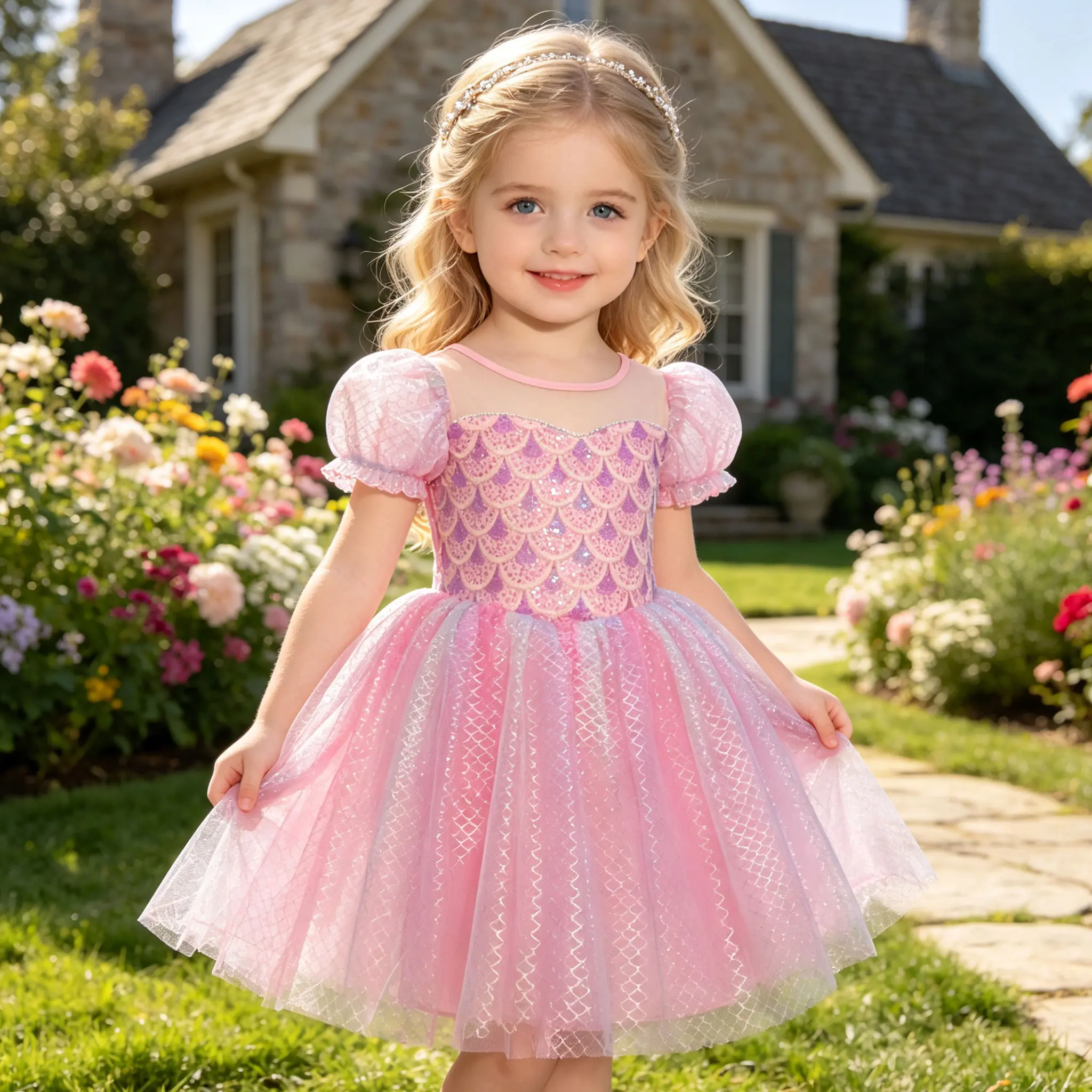 Girls Princess Tutu Dress Pink Gradient, Puff Bubble Short Sleeve, Mesh Round Neck, Scale Sequined Sweetheart Bodice, Glitter Diamond Mesh Layered Tulle Skirt, Toddler Birthday Outfit, Kids Theme Photoshoot & Pretend Play Costume