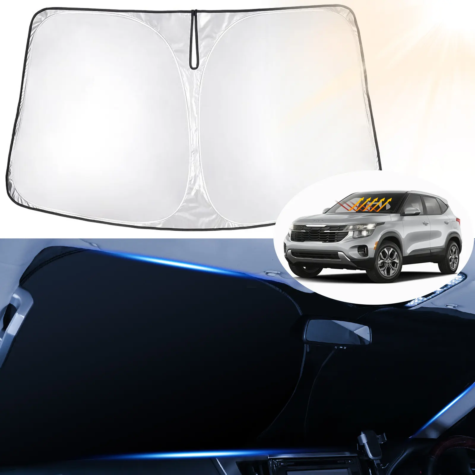 Canvcle Custom Fit Front Windshield Sun Shade for Kia Seltos 2021-2026, Window Shade Car, Heat-Blocking Front Window, 240T 5-Layer UV Protection Foldable Protector to Keep Car Cooler, Window Shades Car, Sunshade For Car Windshield