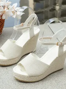 Summer Must-Have Strap Heeled Sandals, Linen Weaved Thick Sole, Perfect for Beach Trips and Photos, Casual Textile Shoes, Women