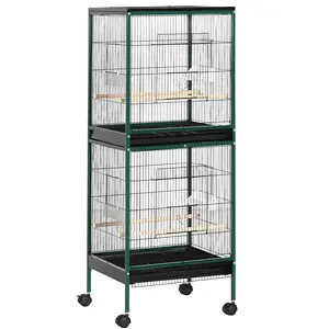 55" Large Rolling Mobile Bird Cage - 1.7ft Extra Width Wingspan Aviary, Convertible Double Structure, Multi-Door Access, with Perches & Food Containers for Small Birds