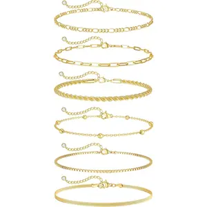 K Gold Plated Ankle Bracelets for Women Waterproof - Dainty Pcs Anklets Layered Cuban Link Chain Herringbone Cute Anklets Set Pack Summer Beach Jewelry Gift for Women Teen
