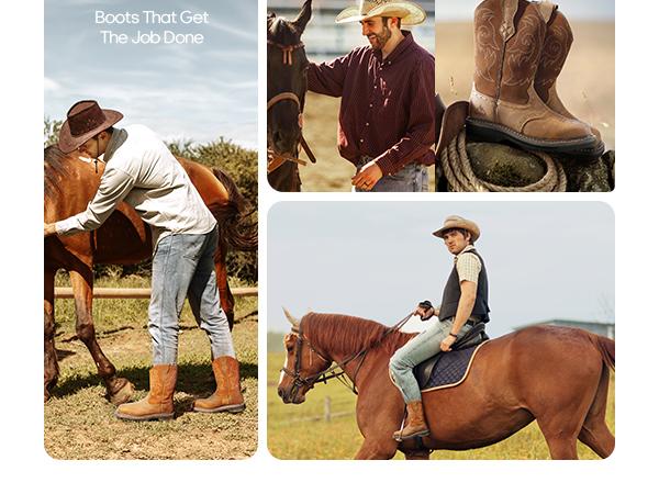 NORTIV 8 Steel Toe Cowboy Boots for Men Western Square Toe Leather Work Boots with Hazard Protection Goodyear Welt Construction Oil Slip Resistant Outsole