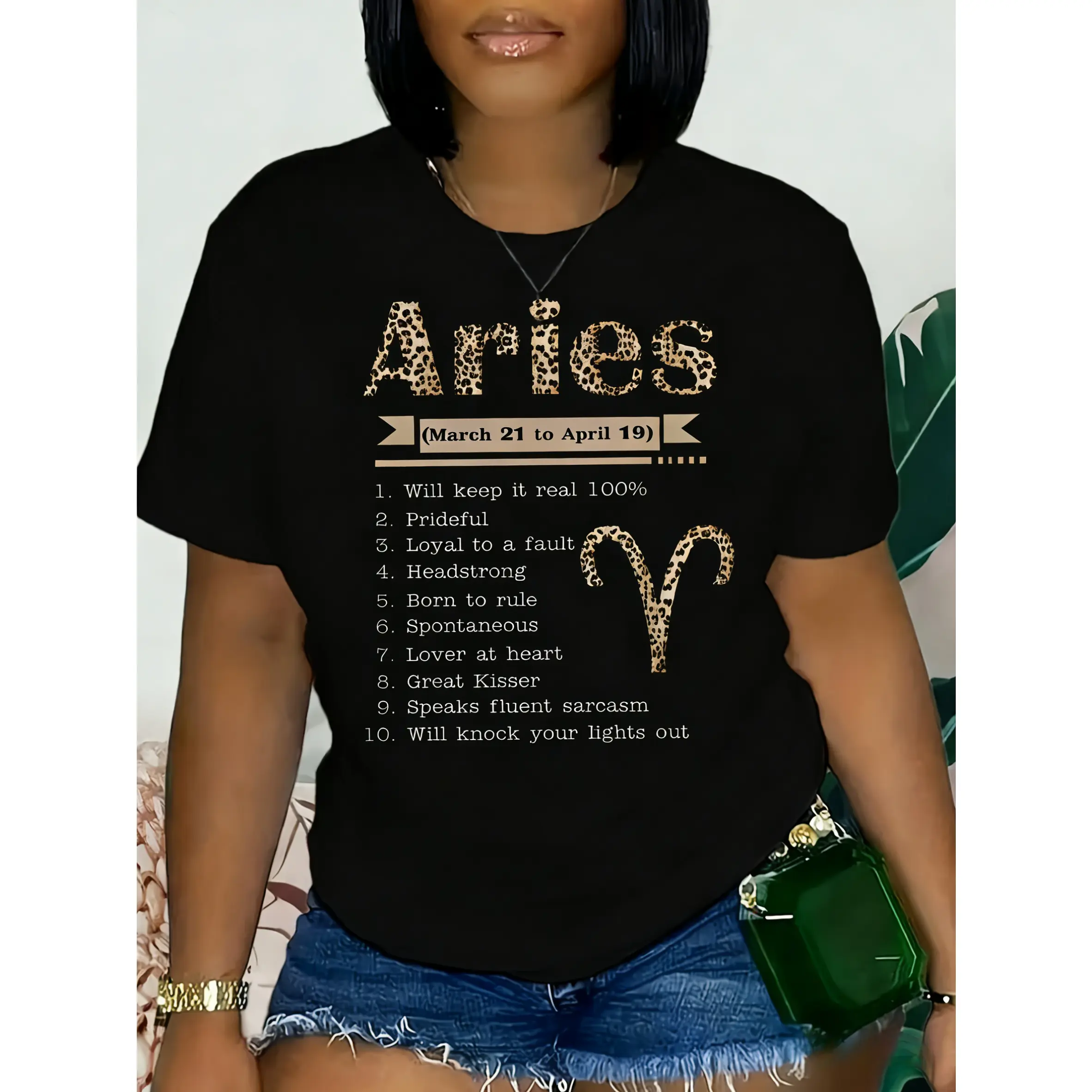 Women's 100% Pure Cotton Shortsleeve T-Shirt Top - Round Neck, Smooth Seamless Fabric, Leopard-Printed Aries Zodiac Motif, Soft, Breathable, Casual Versatile Clothes, Suitable for Summer Wear