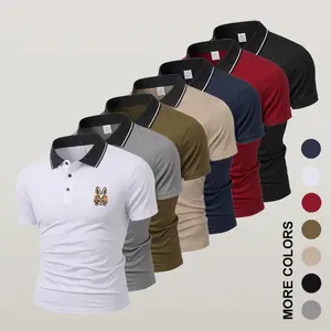 Men’s slim-fit polo shirt, summer polo shirt featuring a contrast collar with printed decoration, turn-down collar, quick-drying lightweight short sleeves, breathable men’s top for business casual wear, suitable for everyday outfits and office attire.