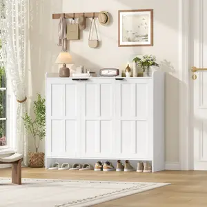 Shoe Storage Cabinet, 48" Wide 6-Tier Shoe Cabinet with 4 Adjustable Shelves, Holds Up to 35 Pairs, Farmhouse Wood Grain Shoe Rack Organizer with 3 Doors, Hidden Shoe Rack for Front Door Entrance, Hallway, Living Room