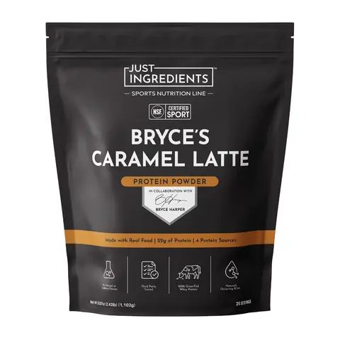 Just Ingredients - Bryce's NSF Caramel Latte Espresso Protein Powder - 25 servings - Supports Muscle Building & Recovery* - Grass-fed Whey & Organic Plant Proteins - NSF Certified for Sport - 22g of Protein Per Serving - Made with Real Food