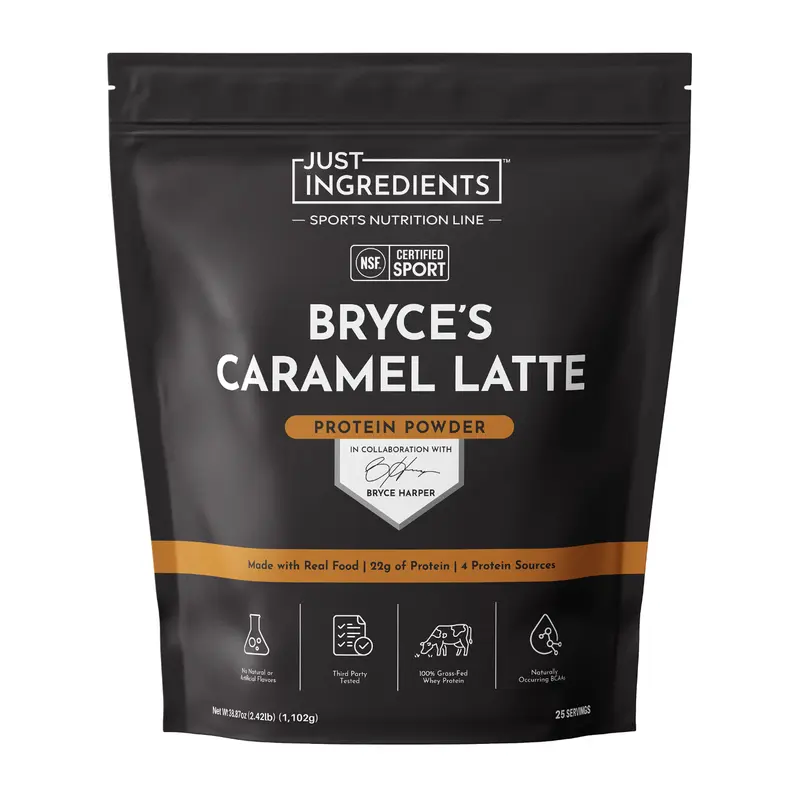 Just Ingredients - Bryce's NSF Caramel Latte Espresso Protein Powder - 25 servings - Supports Muscle Building & Recovery* - Grass-fed Whey & Organic Plant Proteins - NSF Certified for Sport - 22g of Protein Per Serving - Made with Real Food