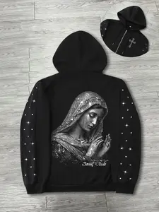 Men's Casual Hooded Sweatshirt with Silver Color Saint Print, Cross Dark Pattern, Zipper Design, Relaxed Fit, Trendy Streetwear, Gothic Printed Hoodie