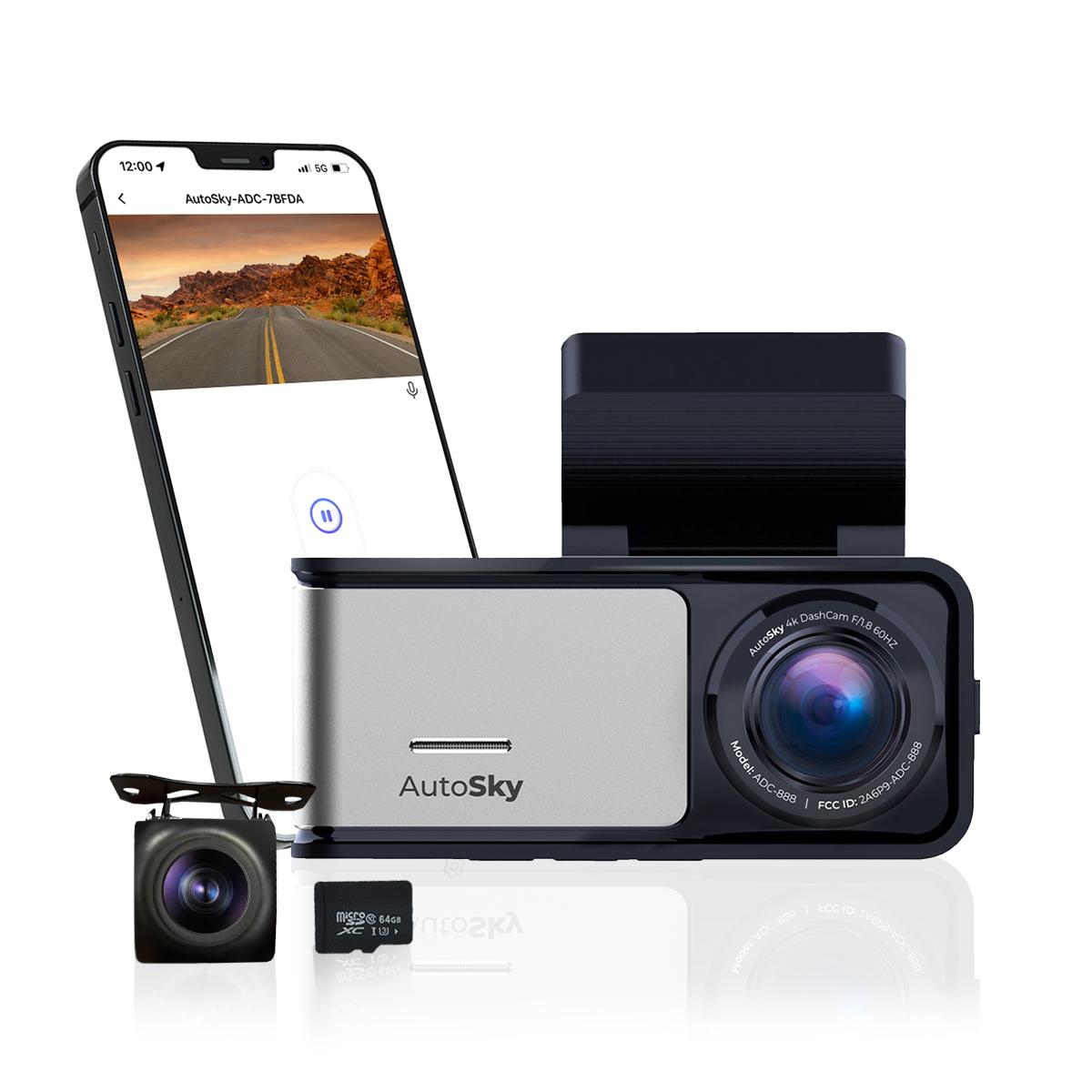 AutoSky 4K Dash Cam Built-in WiFi GPS Includes 64GB Memory Card Car Dashboard Camera Recorder with UHD 2160P, IPS Screen