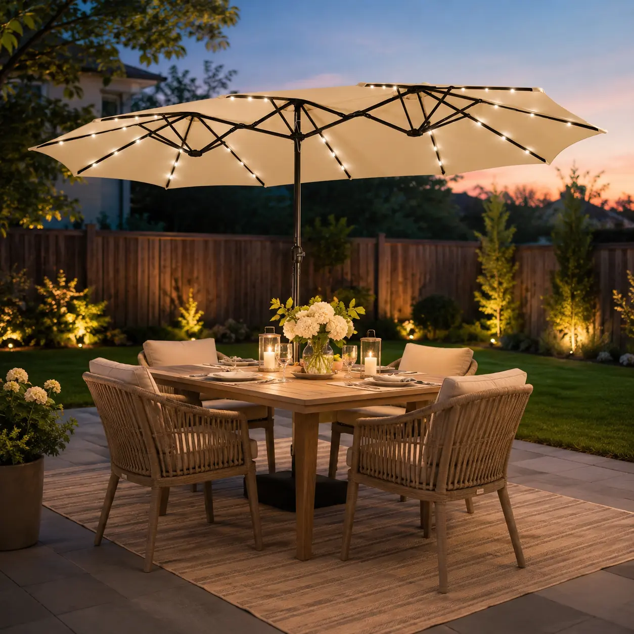 【All Tan】Yaheetech LED Patio Umbrella with Tan Canopy & Base Stand, 3 Lighting Options (36 Built-in LEDs, Multi-Mode Color Strip, Non-Lit), Crank Lift, Vented Canopy, 13ft or 15ft Sizes
