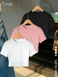 3 PCS Basic Solid Color Crop Tops for Women,TikTok Viral 2026 Coquette Outfit Streetwear, Basic Layering Tops，Perfect for Everyday Daily Wear, School, Shopping, Date Night, Versatile Essential Tops for Teen Girls, Gen Z Fashion Lovers, Womenswear