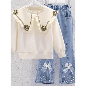 Girls' Sweet - Style Outfit Autumn Set, New Autumn and Spring Style Large Collar Sweatshirt + Pearl Bow Wide - Leg Jeans Two - Piece Set, Fresh, Elegant and Casual, Perfect for Outdoor