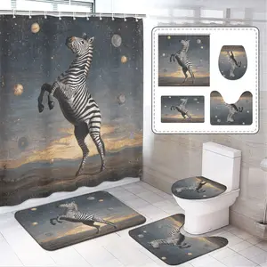 Zebra Print Bathroom Curtain Set, Includes Bath Mat & U-Shaped Rug, Contemporary Style, Home Decor Accessories, Full Shower Curtain Kit