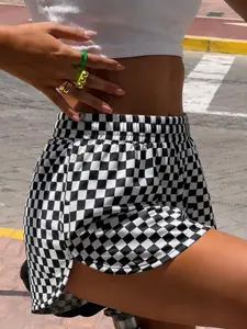 Y2K black and white checkerboard patterned shorts - women's loose casual shorts with side slit design, elastic waist with letter labels, suitable for summer home outings, cycling, skateboarding and sports wear # street wear