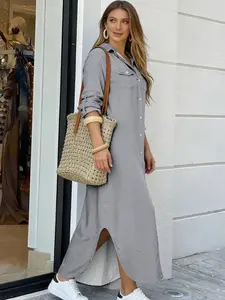 A women's solid-color long split dress with a polo collar and a single-breasted button placket, suitable for spring and autumn, as well as Casual daily wear, vacations and commuting.