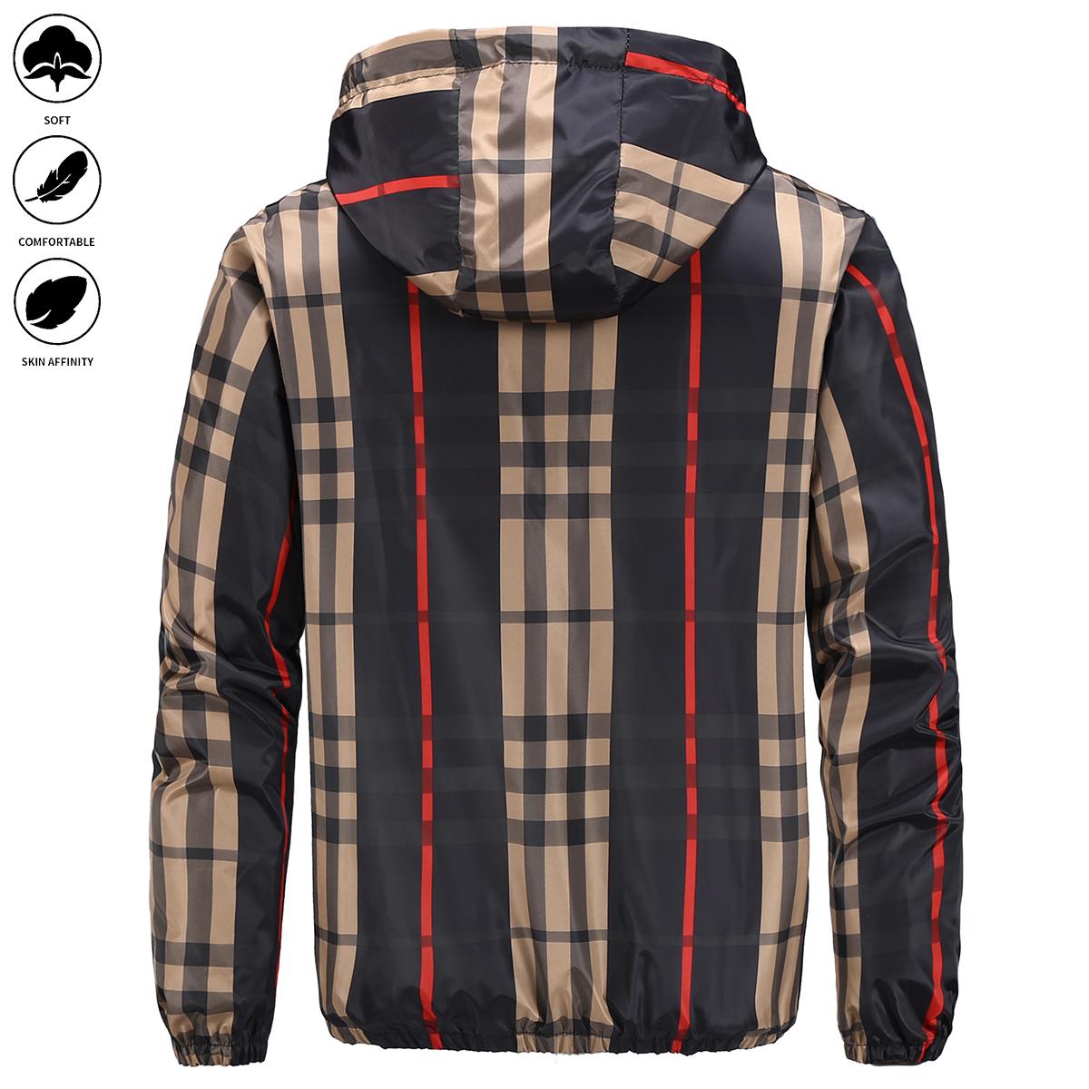 Men's jacket - Full zipper design, with pockets, casual style, perfect for autumn/winter wear, hooded collar, regular cut, checkered pattern, men's jacket.