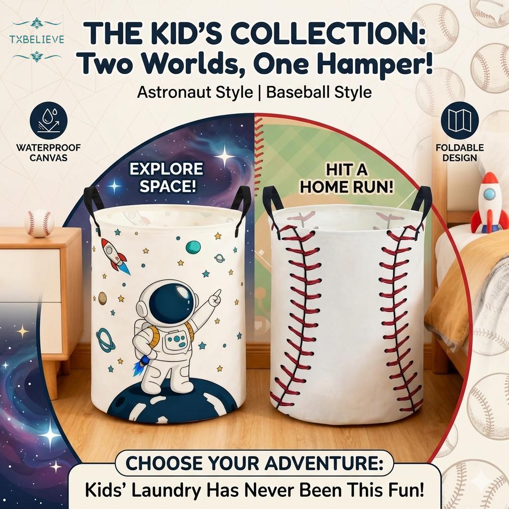 Kids Laundry Basket — Baseball/Astronaut-Themed Hamper for Dirty Clothes | Foldable, Waterproof Canvas Storage Bin for Boys | Cute Laundry Hamper & Gift Basket (Baseball Style / Astronaut Style)