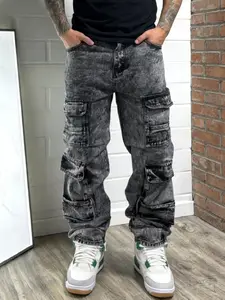 New Streetwear Stylish Men Multiple pockets Cargo Jeans Loose Trousers Male Solid color Straight Carpenter Denim Pants Classic Menswear
