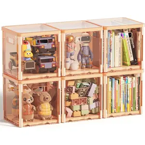 Clear Cube Storage Bins 10.5 inch Stackable Storage Bins with Lids 6 Pack Foldable Storage Box Plastic Toys Organizer Cubby Bins Container for Closet Playroom Classroom Office Orange