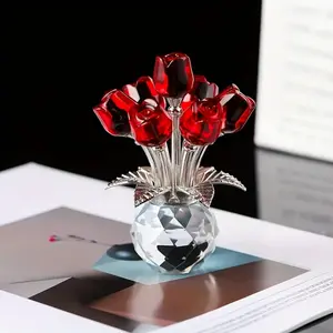 Handmade Colorful Rose Crystal Sculpture Vase - Perfect for Valentine's Day, Mother's Day, or Father's Day as a Holiday Gift; Elegant Home and Office Decorative Ornament, Glass Rose, Rose Vase，Valentine's Day Decor,Valentine Gifts