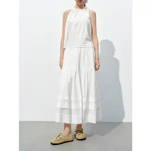 URBAN REVIVO UYL550085 2026 Spring Thin Women's Cotton-Polyester A-Line Mid-Length Skirt (86cm), Patchwork Lace, Ruffled Drawstring, Oversize Fit, Stylish Clothes for Women's Bottoms