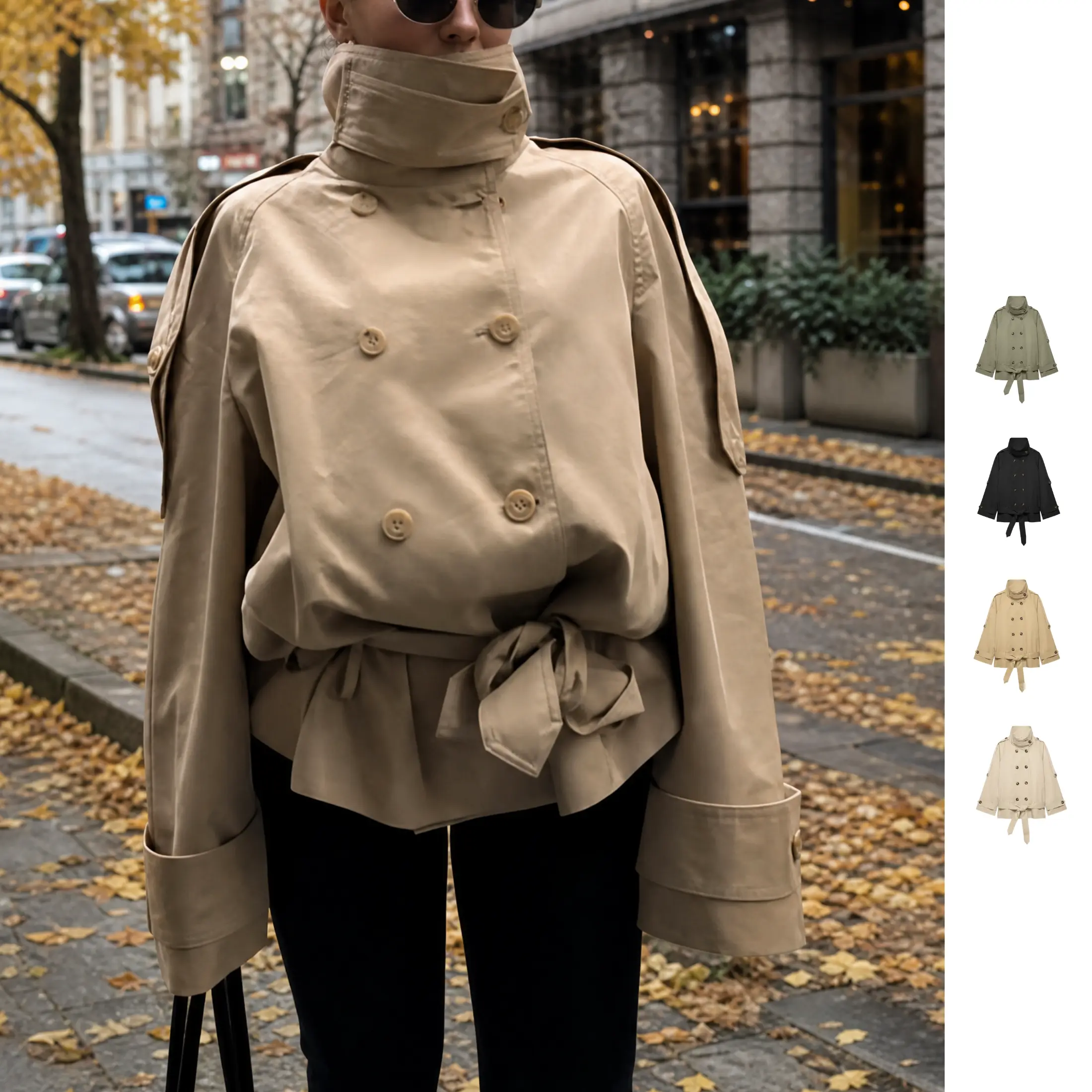 YeeZaa Funnel Collar Trench Coat for Women High Collar Front Double Breasted Fall Winter Coats Windproof Casual Long Sleeves Overcoat with Pockets Adjustable Belted Jackets 2026 Trendy Work Outfits Going Out Street Style Lightweight Chic Outerwear