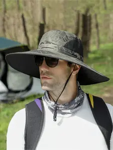 Summer new men's hat outdoor sun hat 15cm camouflage big brim fishing hat sun protection hat mountaineering sun hat Fishing Bucket Hat