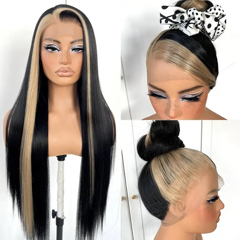 Women's 32in HD Transparent Synthetic Lace Front Wig - 360-Skunk Stripe, Preplucked Hairline for Time-Saving Styling, Silky Straight Blonde Highlight, Glueless Frontlace Wig for Women, Straight Blonde Wig