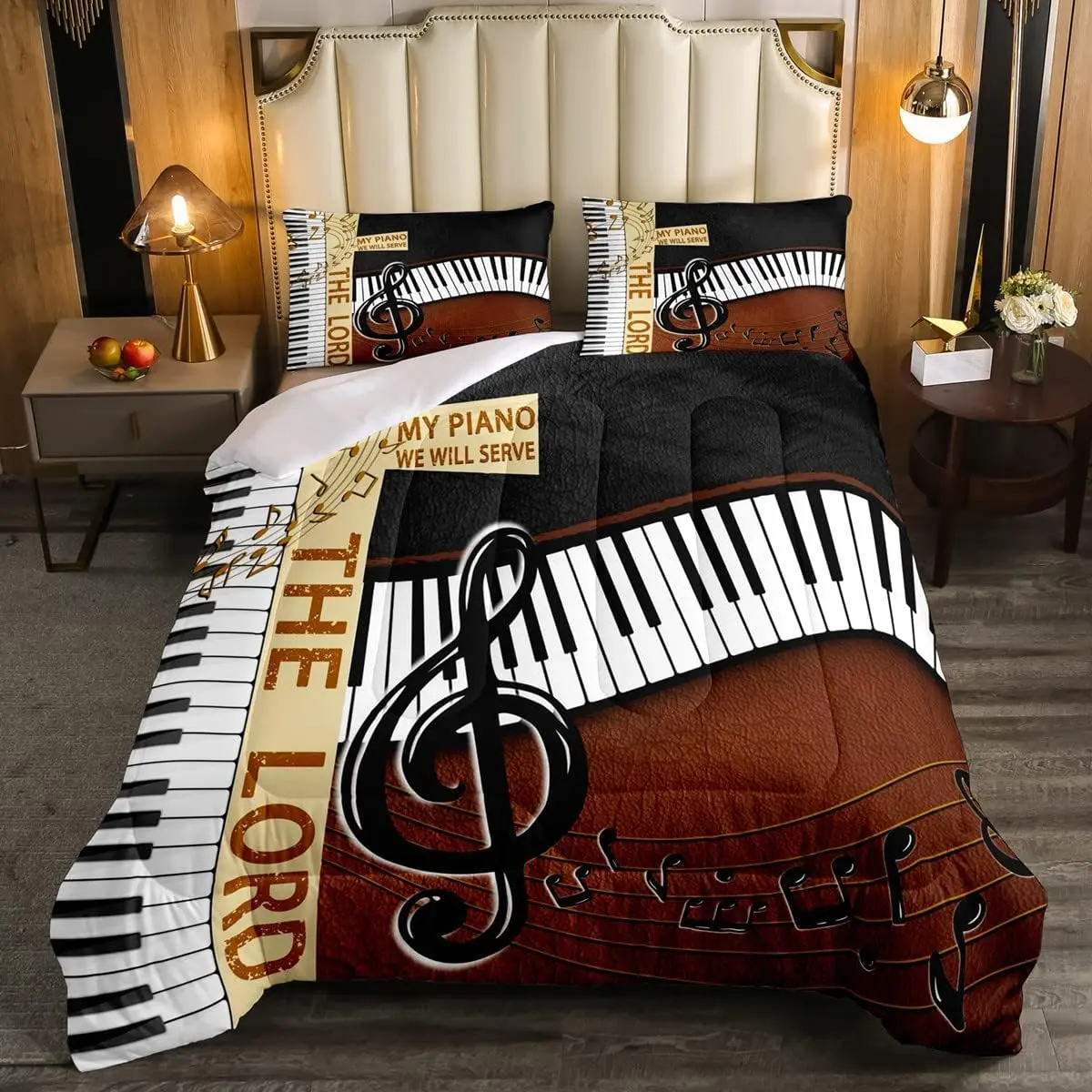 Piano Music Themed Digital Print Duvet Set - Luxury Quilt Bedding Set, Decorative Brown Black White Popstar Party Style, Machine Washable Multi-Size Bedding Decor