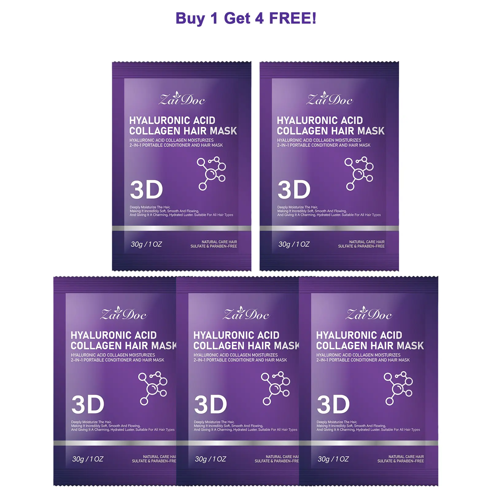 3D Collagen Hair Mask 30g - Buy 1 Get 4 Free! Infuses hair with rich moisture, brings back natural luminous shine. Works as a lightweight non-greasy conditioner for all hair types, keeps hair hydrated, glossy, silky and tangle-free.