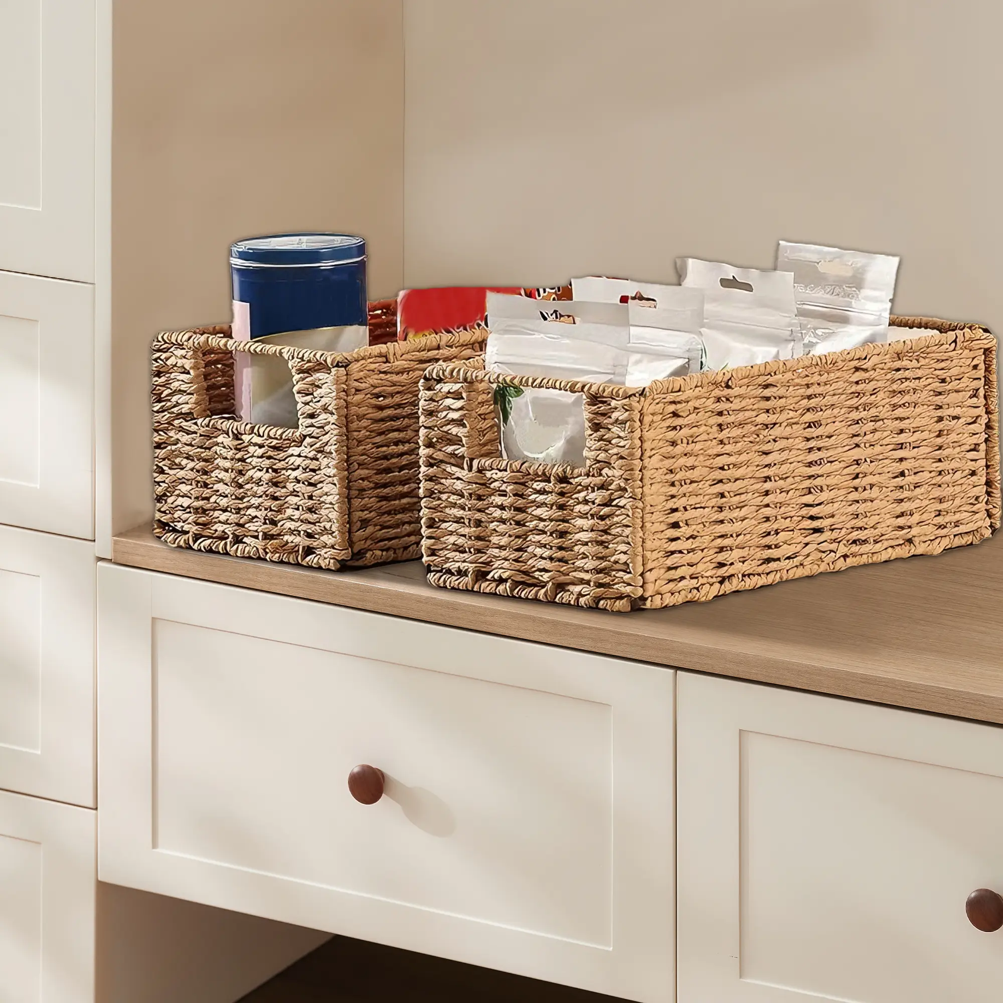 OUTGOODS 4-Pack Multipurpose Woven Storage Baskets with Handles, 12.2×7.1×5.9 in Foldable Wicker Organizer Bins for Closet, Kitchen, Toiletries, Multipurpose Basket