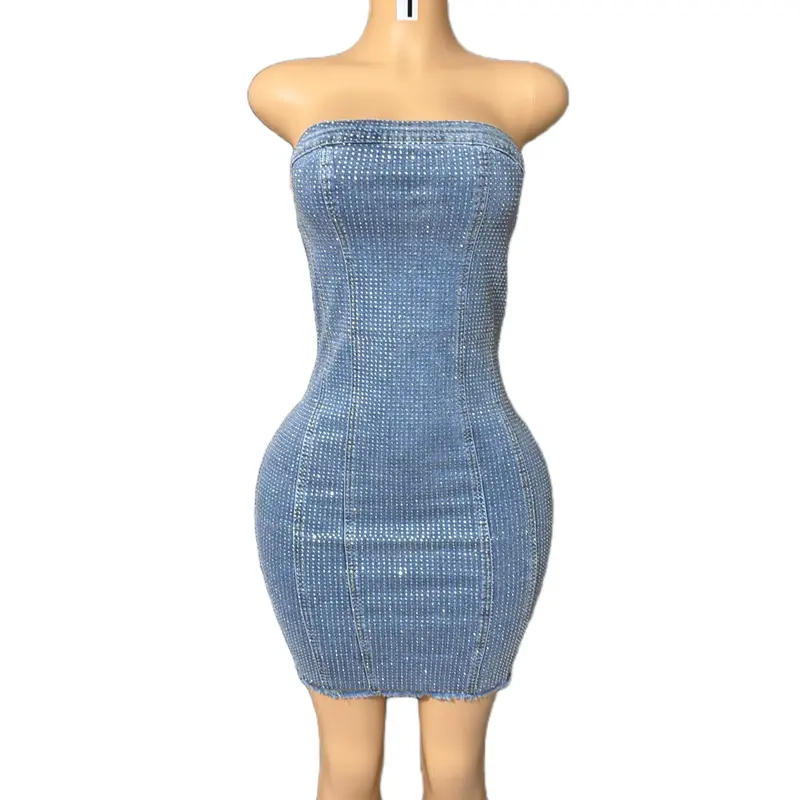 Denim dress with rhinestones - TikTok Shop