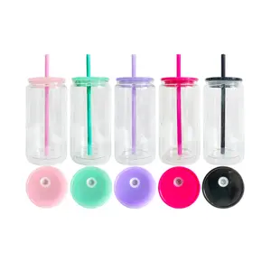 (1) 16 oz clear glass with matching colored lid & straw, Choose design live!