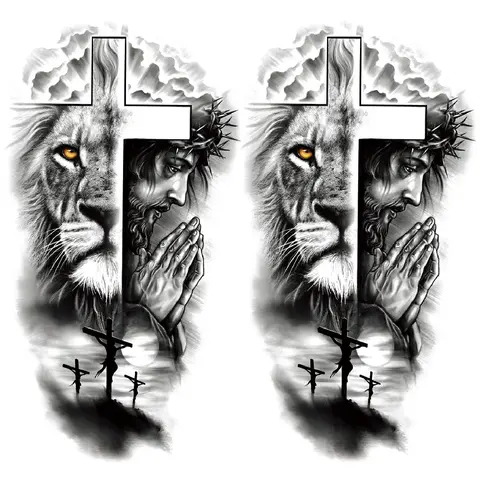 Waterproof Lion Jesus Cross Temporary Tattoo Stickers, Long-Lasting Realistic Body Art for Men Women Arm Leg Tattoos, Unique Style, Body Fake Tattoos, Ephemeral Tattoos
