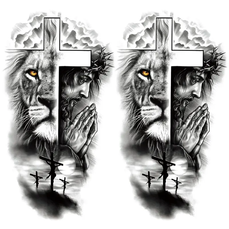 Waterproof Lion Jesus Cross Temporary Tattoo Stickers, Long-Lasting Realistic Body Art for Men Women Arm Leg Tattoos, Unique Style, Body Fake Tattoos, Ephemeral Tattoos