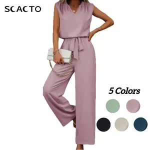 Scacto Women's 2-Piece Basic Clothes Set - Solid Color V-Neck Fitted Sleeveless Top, Belted Long Pants, Minimalist Woven 100% Polyester Fabric for Summer Casual Wear