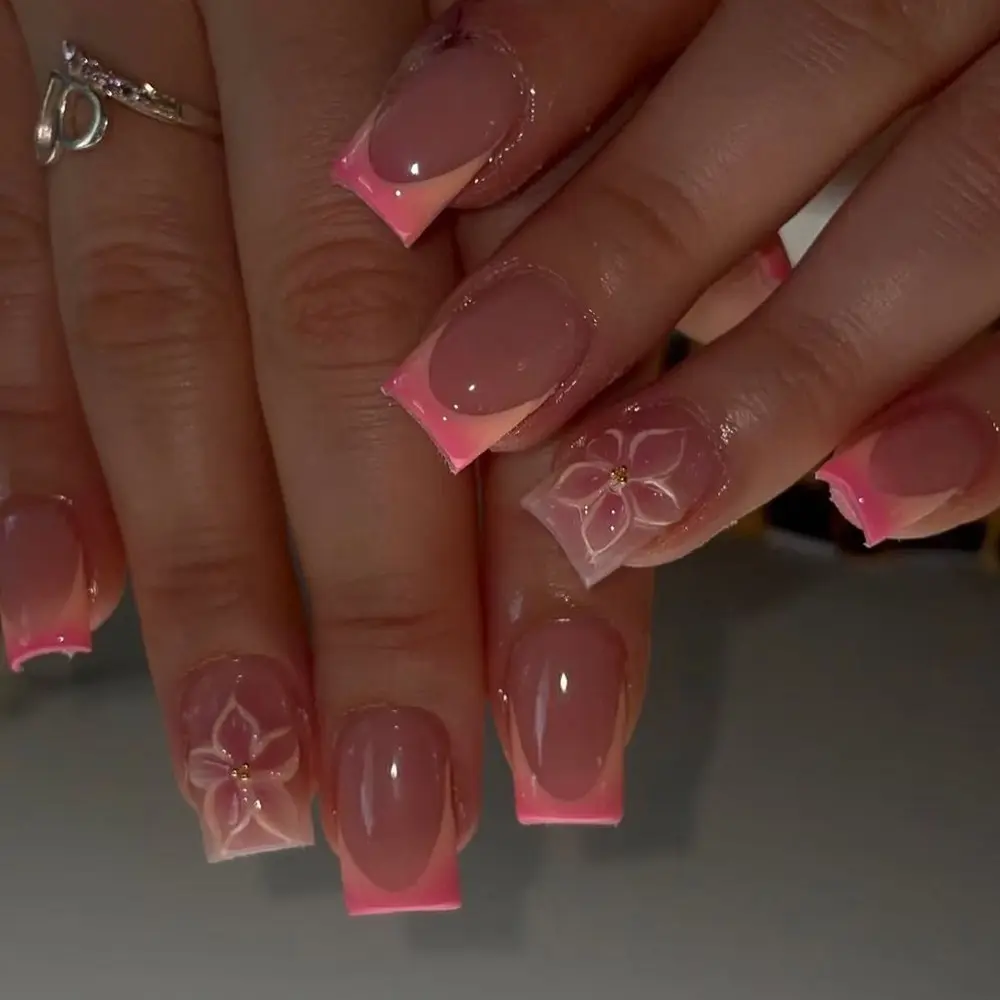 Short Square 24-Piece French Press-On Nails, 3D Gel Flower Acrylic Nail Set, Nail Design, Includes Jelly Glue and Nail File