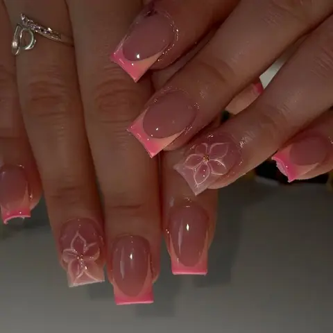 Short Square 24-Piece French Press-On Nails, 3D Gel Flower Acrylic Nail Set, Nail Design, Nail Art Products, Includes Jelly Glue and Nail File