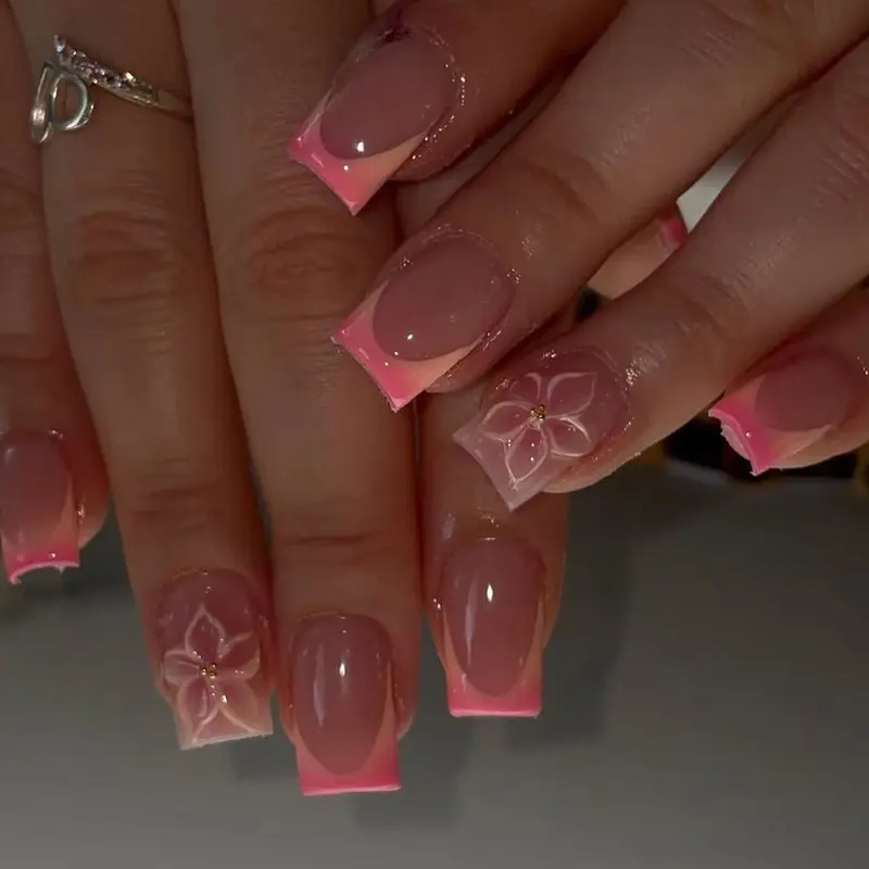 Short Square 24-Piece French Press-On Nails, 3D Gel Flower Acrylic Nail Set, Nail Design, Nail Art Products, Includes Jelly Glue and Nail File