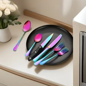 Rainbow Stainless Steel 24 Piece Flatware Set (Serves 4) Forks Knives Spoons Teaspoons Steak Knife Dishwasher Safe Suitable for Hotels Outdoor Gatherings Holiday Parties