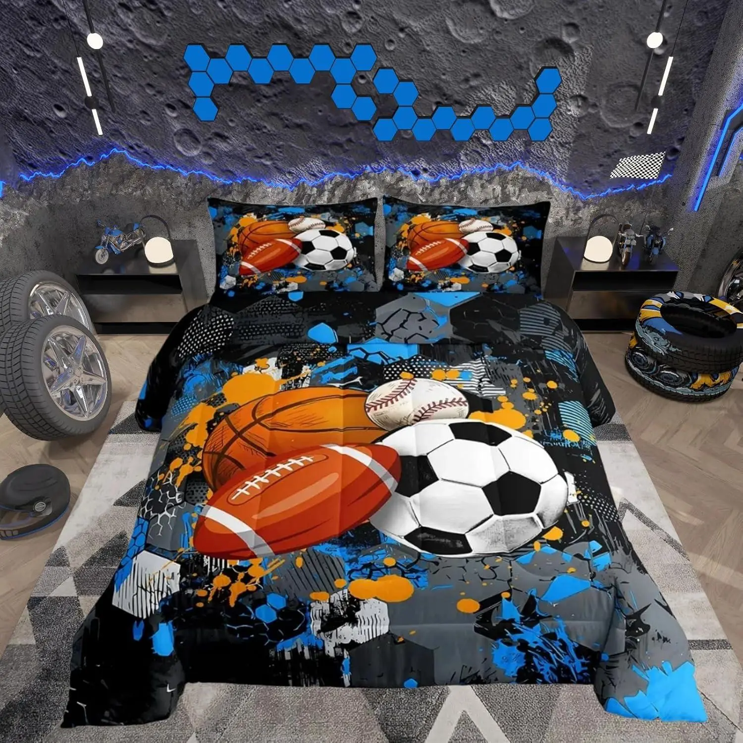 Feelyou 3D Digital Print Breathable Multi-Size Sports Balls Duvet Set - Bedroom Decor Kids Quilt, Modern Geometric Sports Theme Bedding Set for Kids, Dormitory Guest Room RV Bedding Supplies
