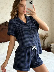 Women's Summer Pajamas Set Blue Black Gingham Plaid Print Short Sleeve Button Down Collar Top + Shorts 2 Piece Outfit Soft Cozy Breathable Lightweight Bubble Crinkle Casual Sleepwear Loungewear Pyjamas