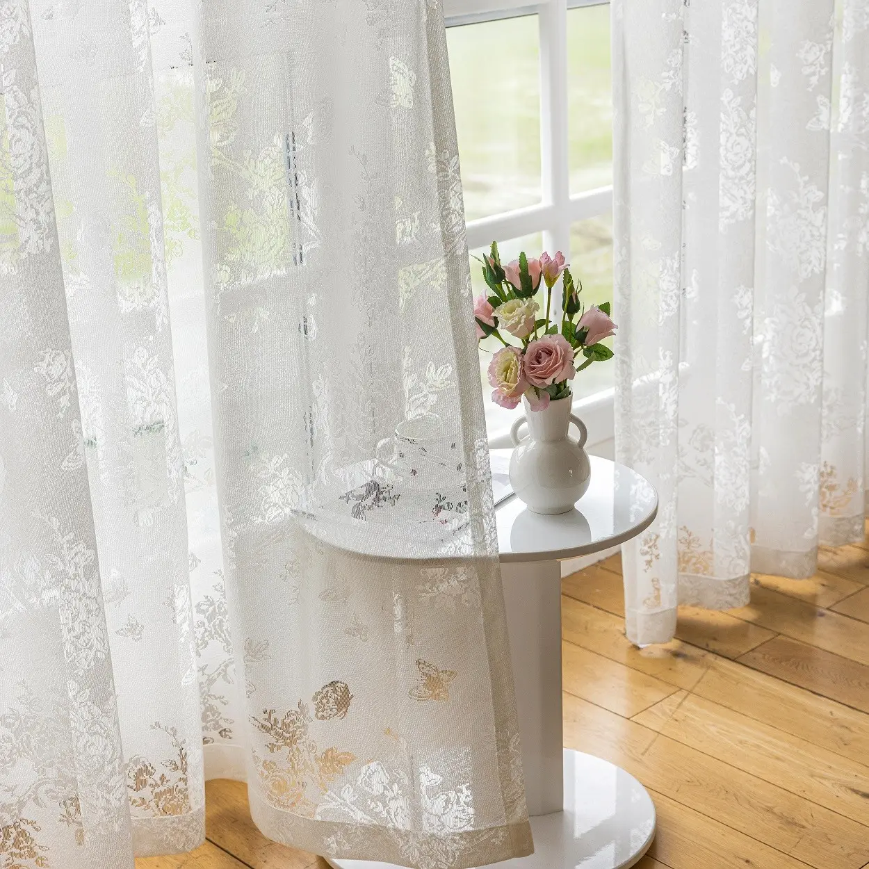 2 Panel, solid-color curtains, butterfly curtains, Floral Sheer Curtains, White Solid-Color Gauze Curtain, Floral Curtain, Lace Curtain, Living Room Gauze Curtain, Bedroom Gauze Curtain, Window Curtains